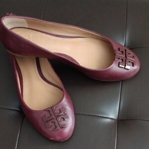 Tory Burch Burgundy Flats with Logo Detail